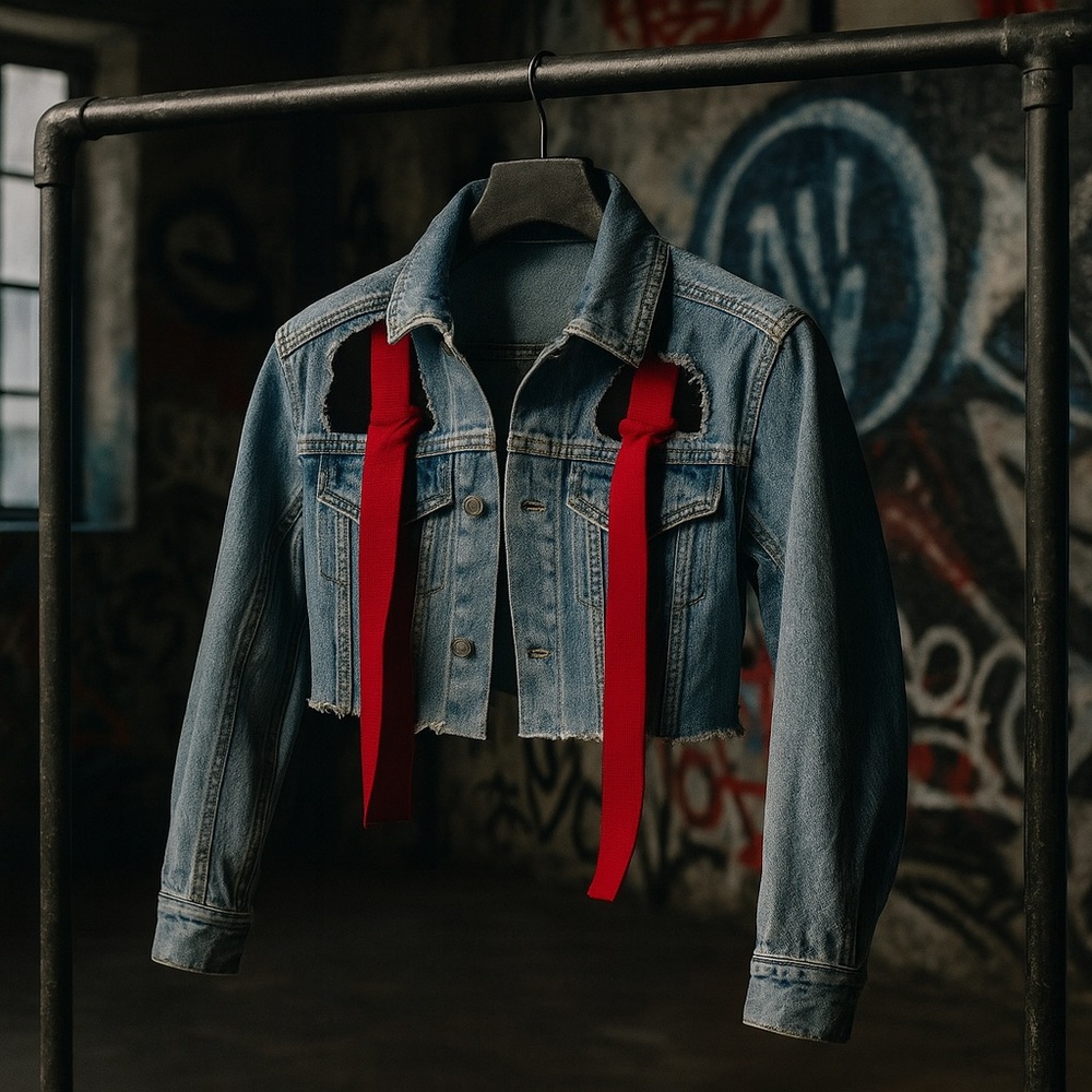 Carmar | Cropped Denim Jacket w/ Red Strap Detail | Small